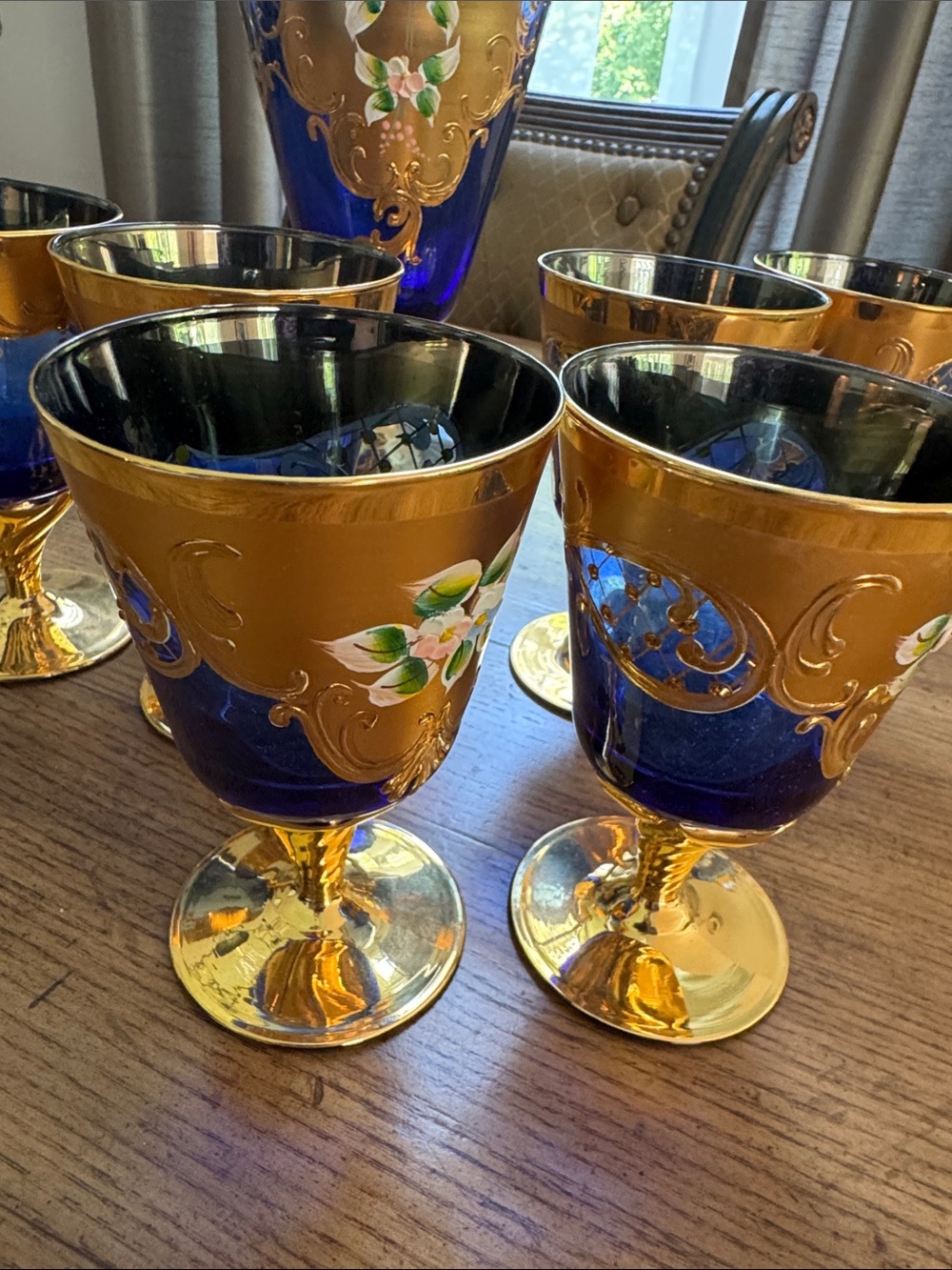 MURANO Venice Italy Blue Glass Decanter Set 7 | 6 Wine Glasses 24kt Gold Leaf - Picture 2 of 10